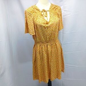 Luxology Yellow Floral Midi Dress Smocked Waist Short Sleeves Womans Large......
